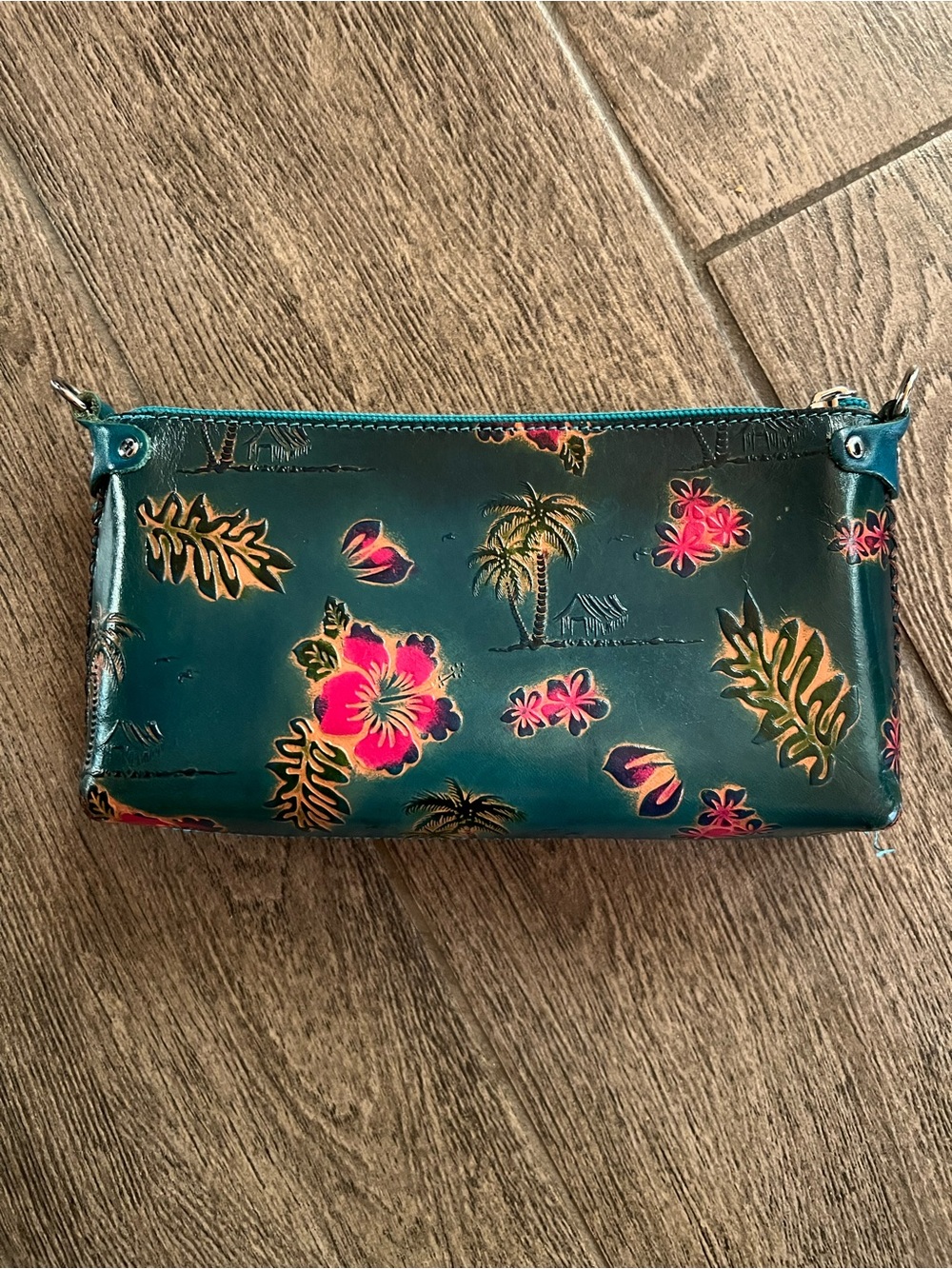 Teal Green Floral Leather-Like Clutch Zip Pouch Lace Up Sides Boho Purse